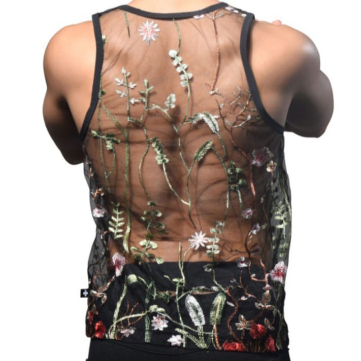 Addicted Men's Sheer Embroidery Lace Tank Top